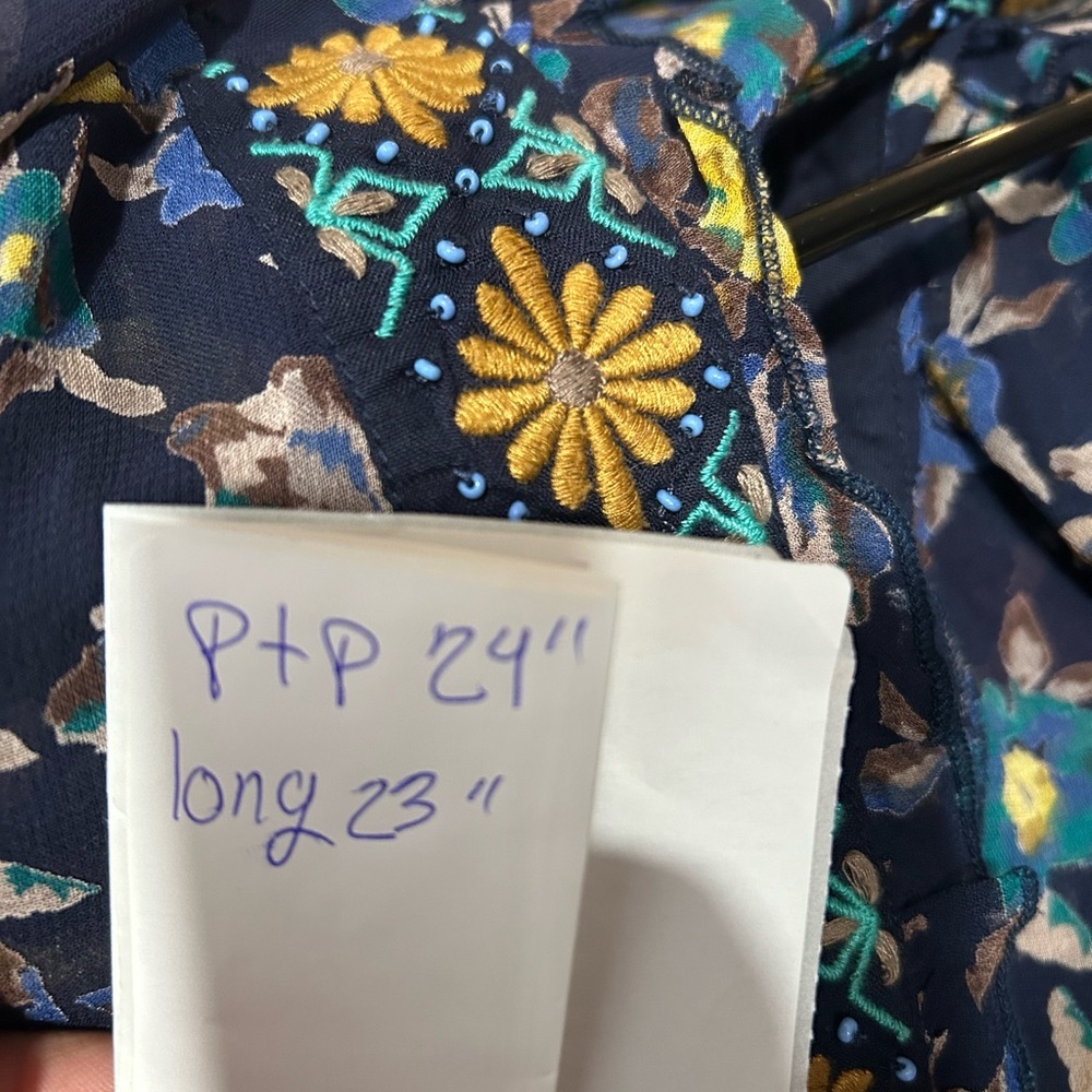 Meadow Rue Navy Blue Floral V-Neck Long Sleeve Blouse - Picture 5 of 5